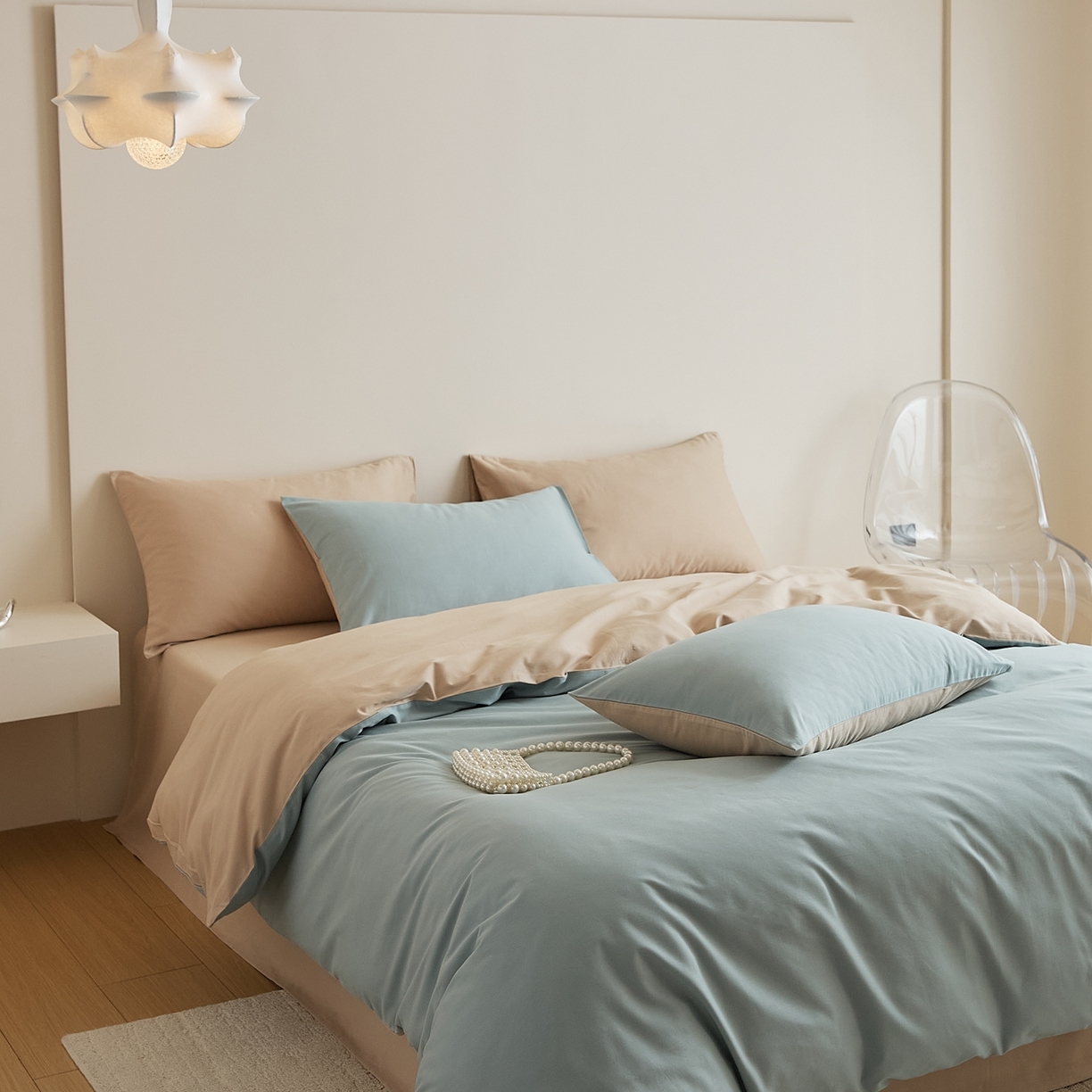 91家纺网 家纺一手货源 找家纺 禾时 2025新款A类全棉纯棉贡缎磨毛双拼色四件套 蓝黛