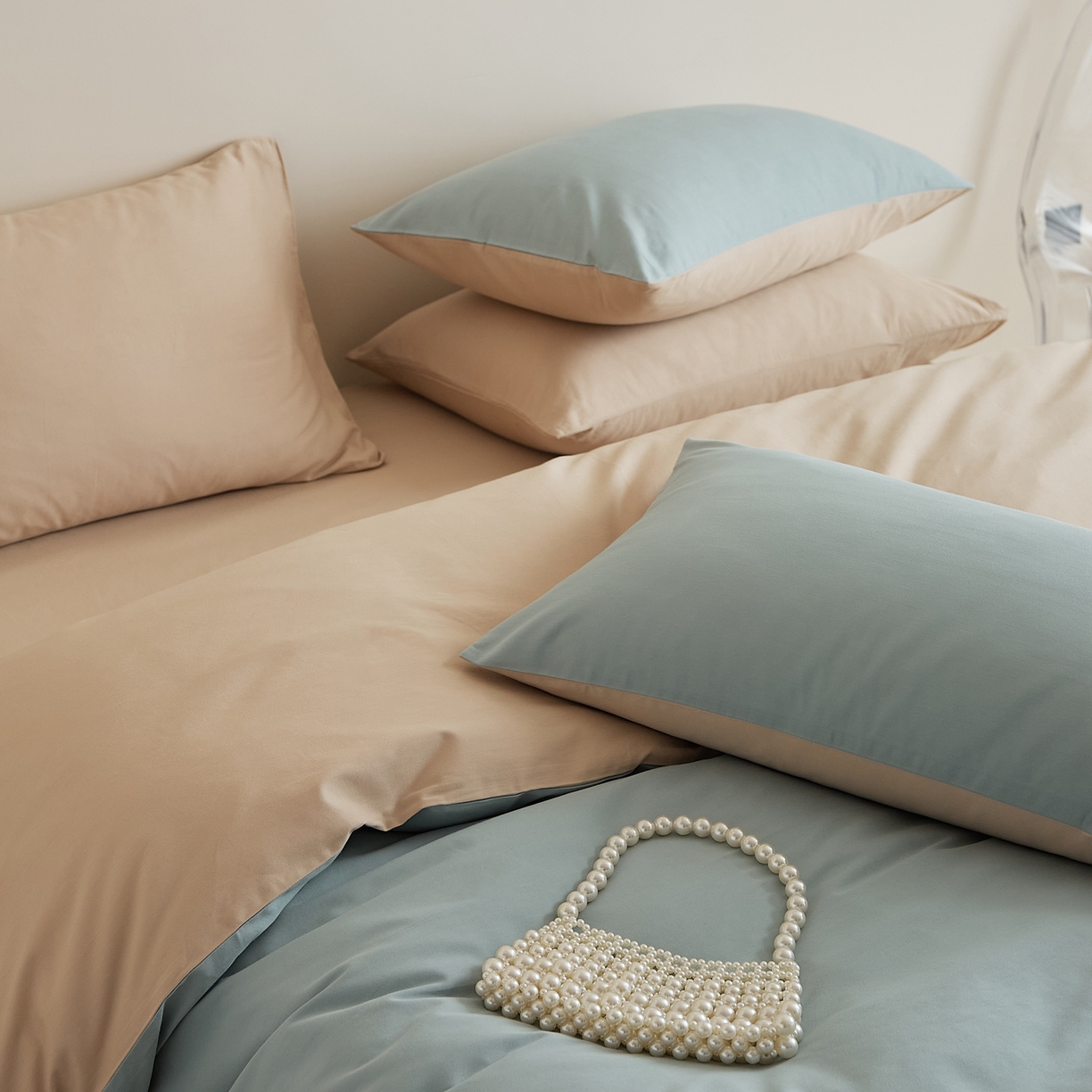 91家纺网 家纺一手货源 找家纺 禾时 2025新款A类全棉纯棉贡缎磨毛双拼色四件套 蓝黛