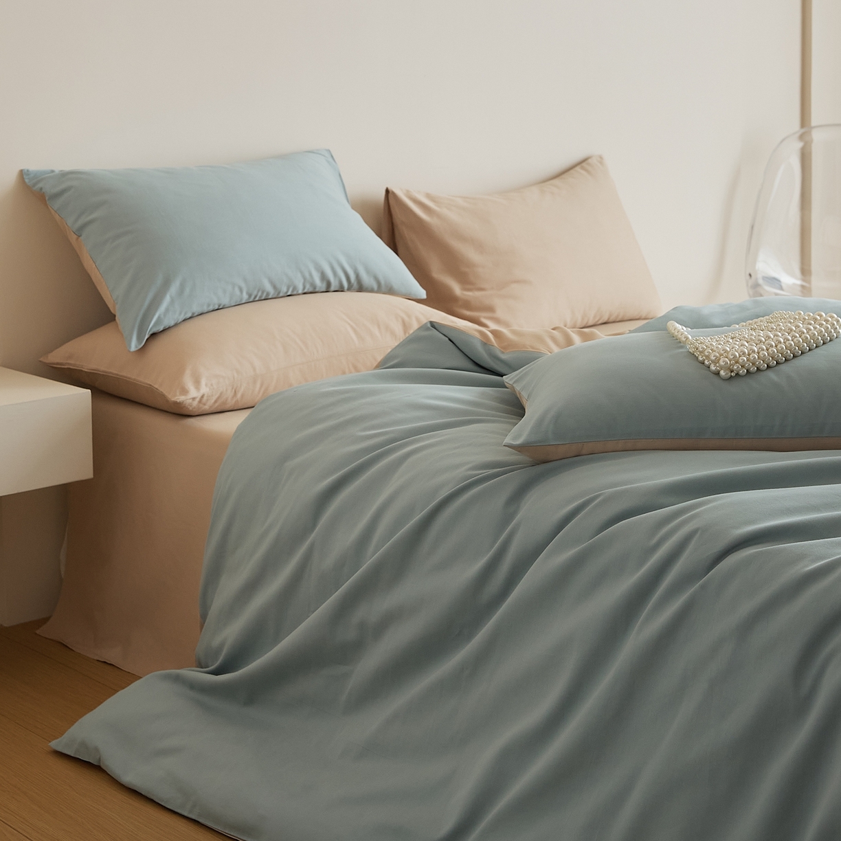 91家纺网 家纺一手货源 找家纺 禾时 2025新款A类全棉纯棉贡缎磨毛双拼色四件套 蓝黛