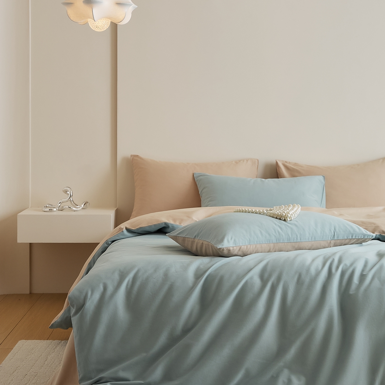 91家纺网 家纺一手货源 找家纺 禾时 2025新款A类全棉纯棉贡缎磨毛双拼色四件套 蓝黛