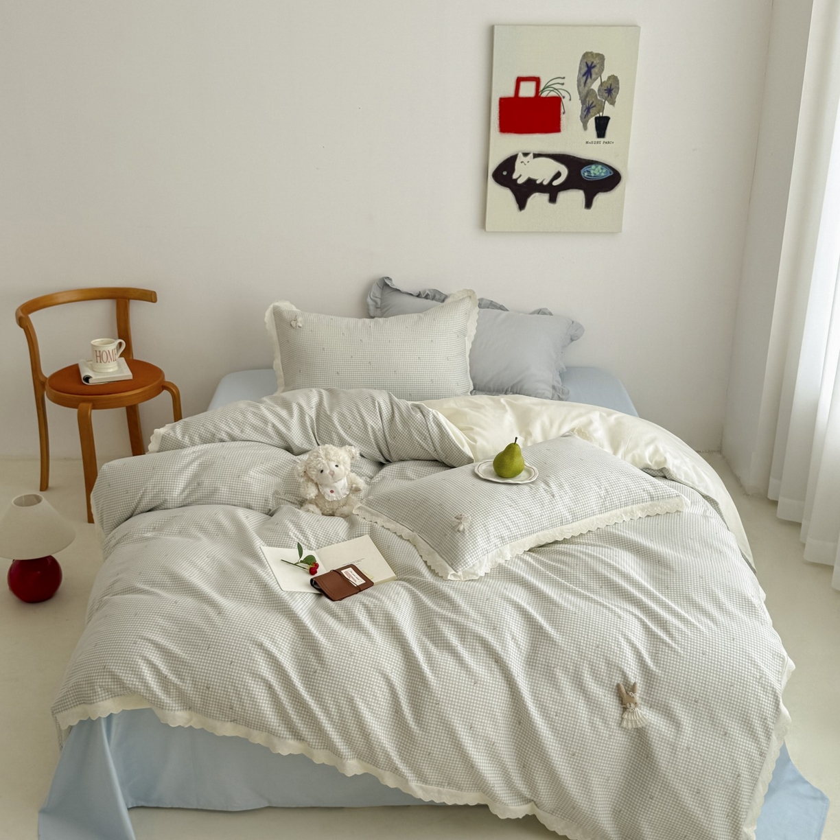 91家纺网 家纺一手货源 找家纺 （总）女子家纺 2025新款全棉韩版少女心格子蕾丝花边四件套（西西庄园）