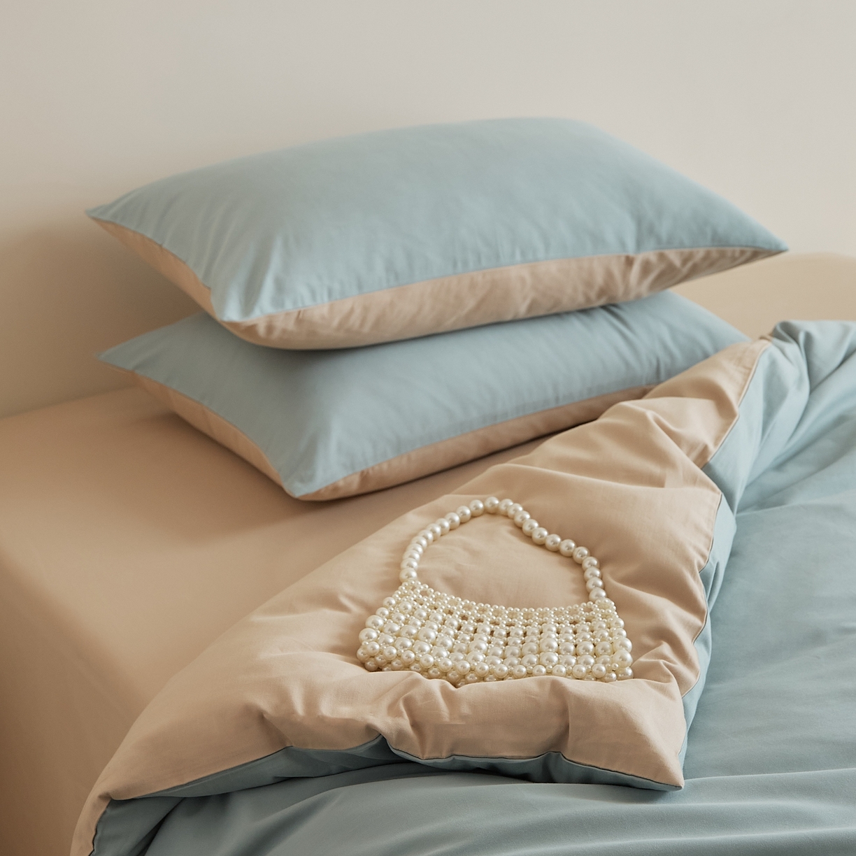 91家纺网 家纺一手货源 找家纺 禾时 2025新款A类全棉纯棉贡缎磨毛双拼色四件套 蓝黛