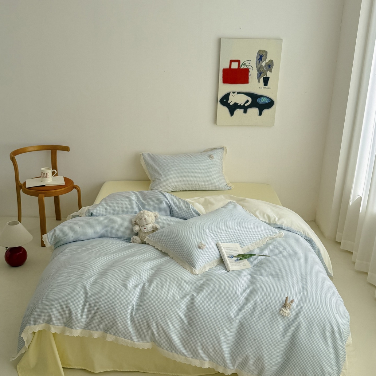 91家纺网 家纺一手货源 找家纺 （总）女子家纺 2025新款全棉韩版少女心格子蕾丝花边四件套（西西庄园）