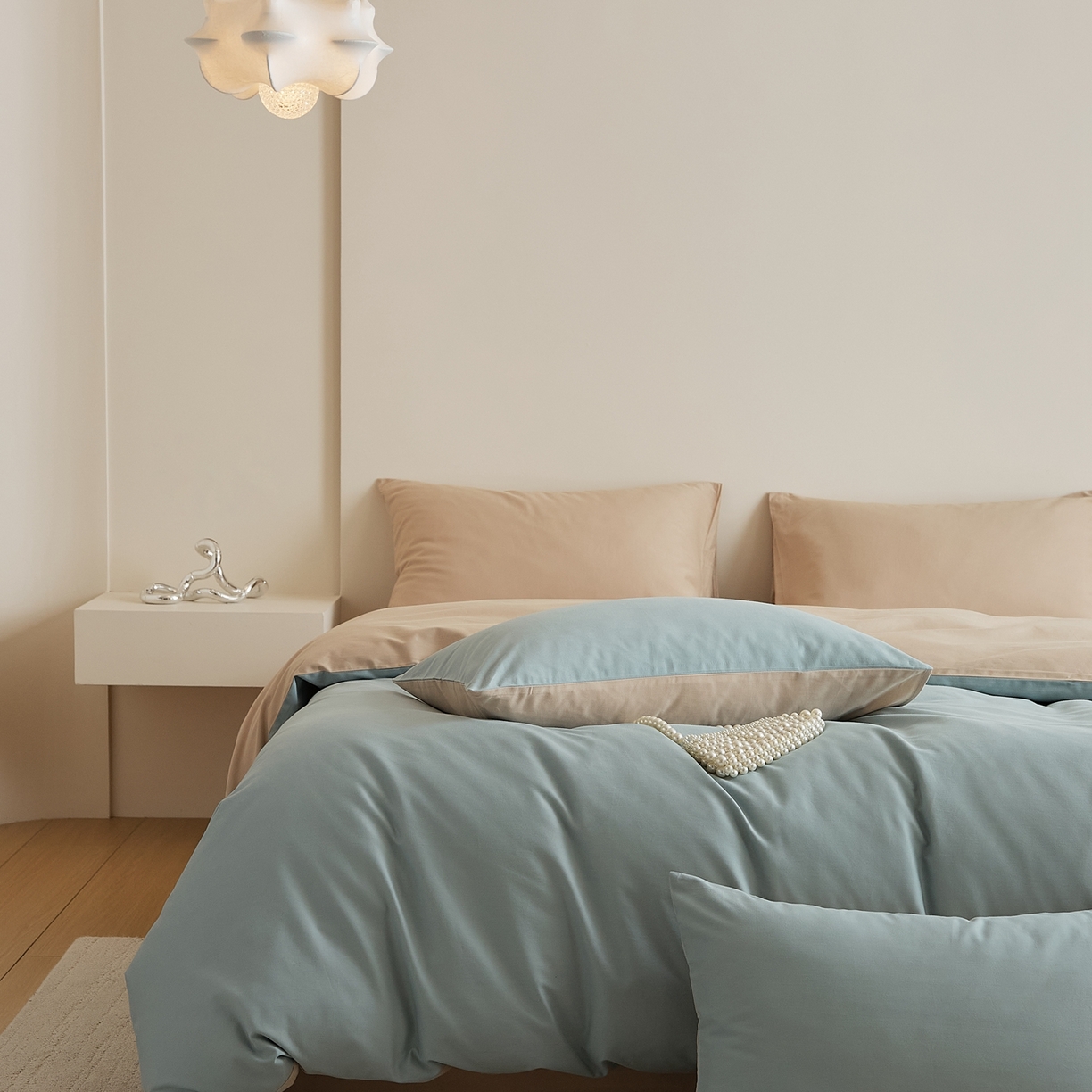 91家纺网 家纺一手货源 找家纺 禾时 2025新款A类全棉纯棉贡缎磨毛双拼色四件套 蓝黛