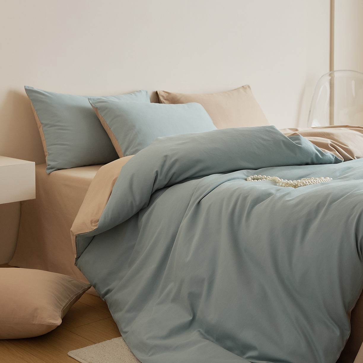 91家纺网 家纺一手货源 找家纺 禾时 2025新款A类全棉纯棉贡缎磨毛双拼色四件套 蓝黛