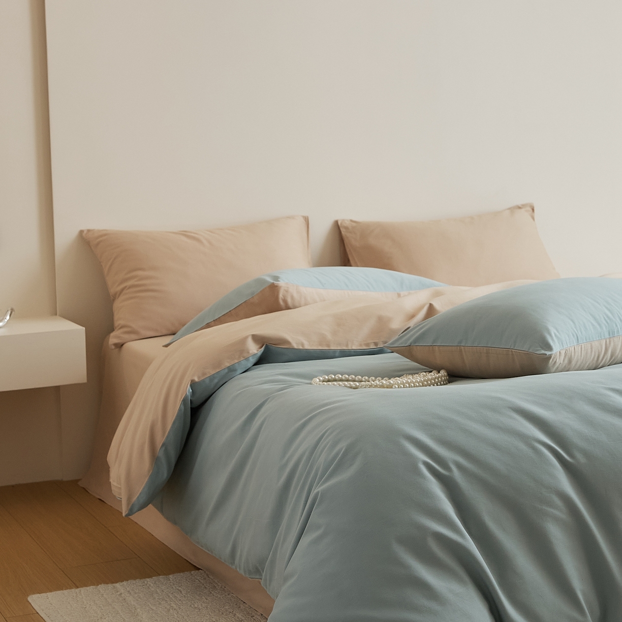 91家纺网 家纺一手货源 找家纺 禾时 2025新款A类全棉纯棉贡缎磨毛双拼色四件套 蓝黛