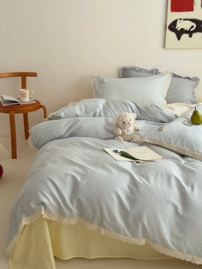 91家纺网 家纺一手货源 找家纺 （总）女子家纺 2025新款全棉韩版少女心格子蕾丝花边四件套（西西庄园）