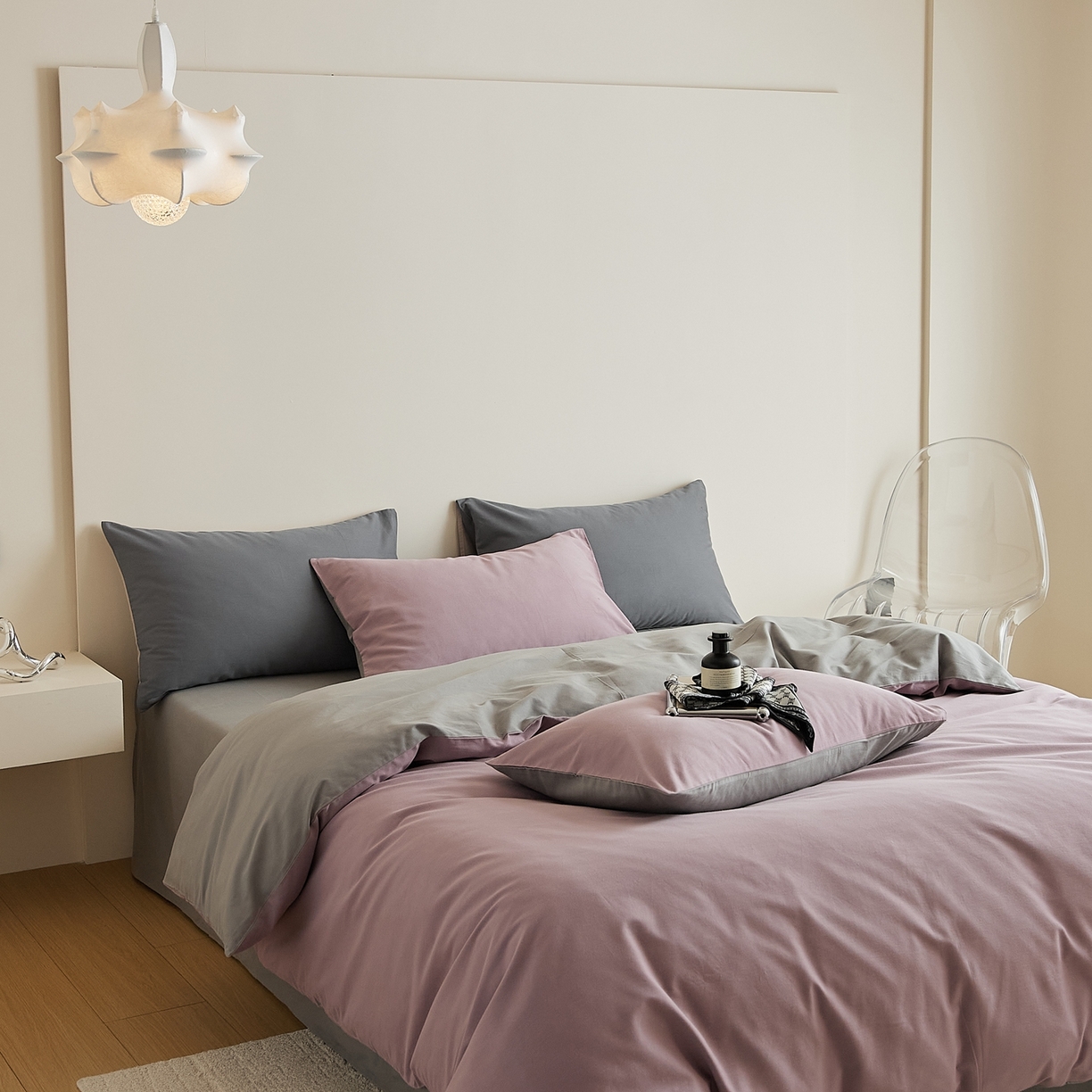 91家纺网 家纺一手货源 找家纺 禾时 2025新款A类全棉纯棉贡缎磨毛双拼色四件套 紫调