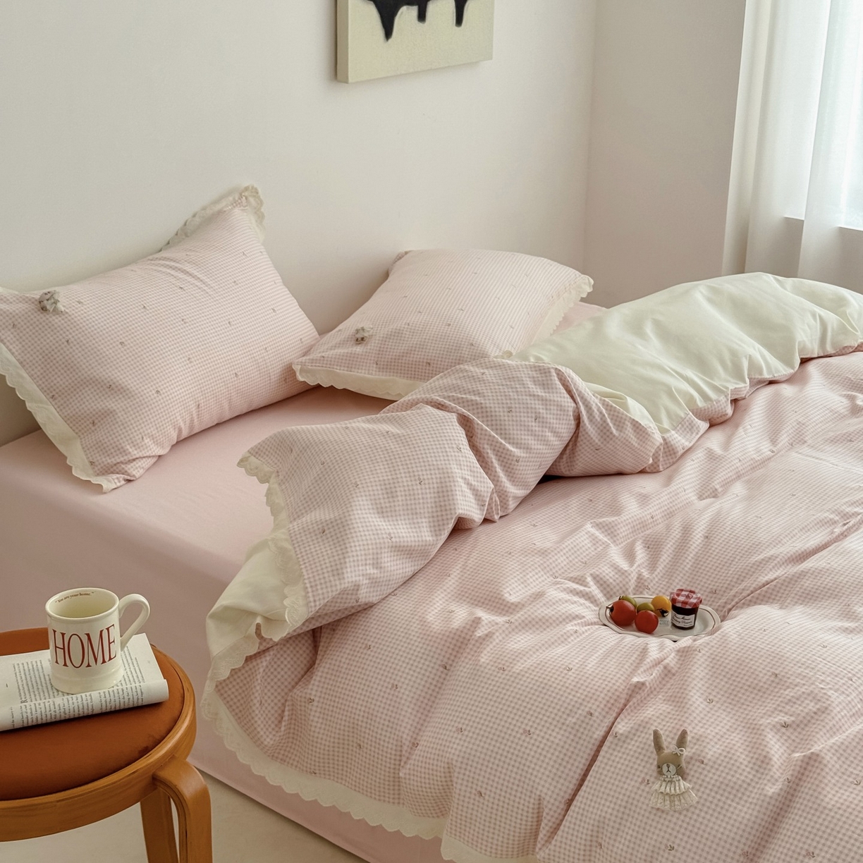 91家纺网 家纺一手货源 找家纺 （总）女子家纺 2025新款全棉韩版少女心格子蕾丝花边四件套（西西庄园）