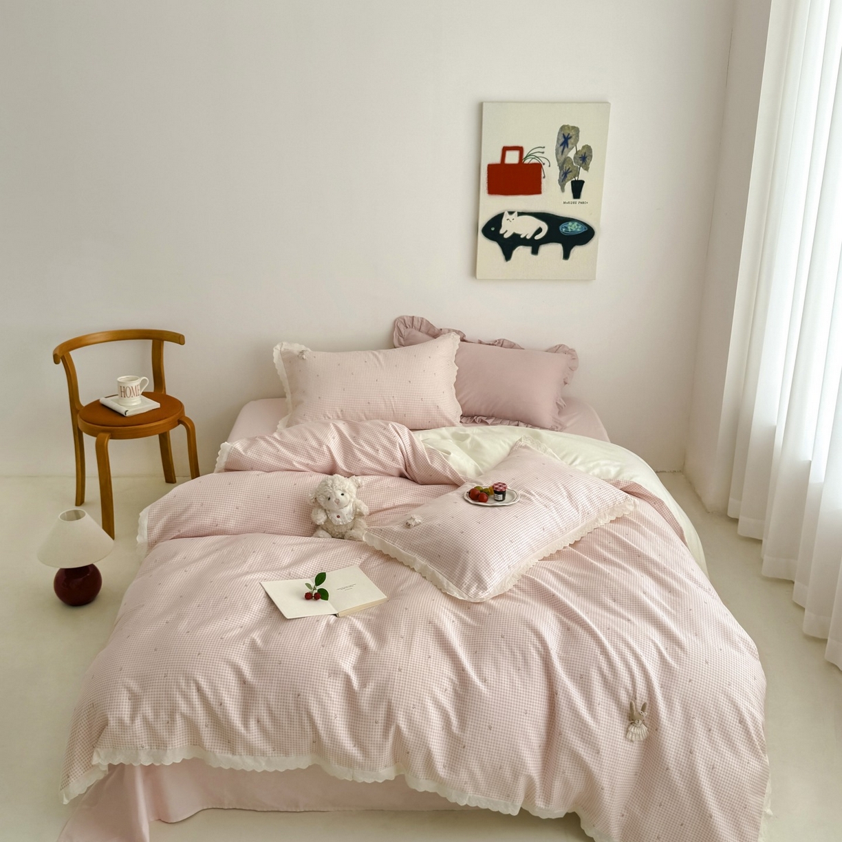 （总）女子家纺 2025新款全棉韩版少女心格子蕾丝花边四件套（西西庄园）