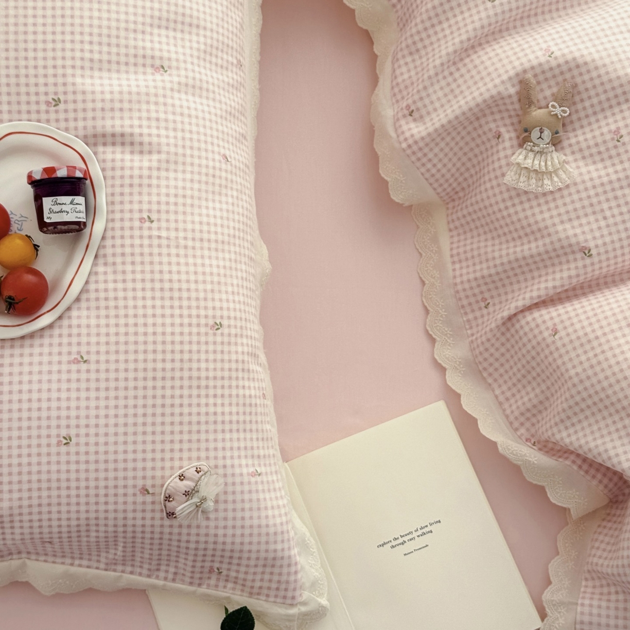 91家纺网 家纺一手货源 找家纺 （总）女子家纺 2025新款全棉韩版少女心格子蕾丝花边四件套（西西庄园）