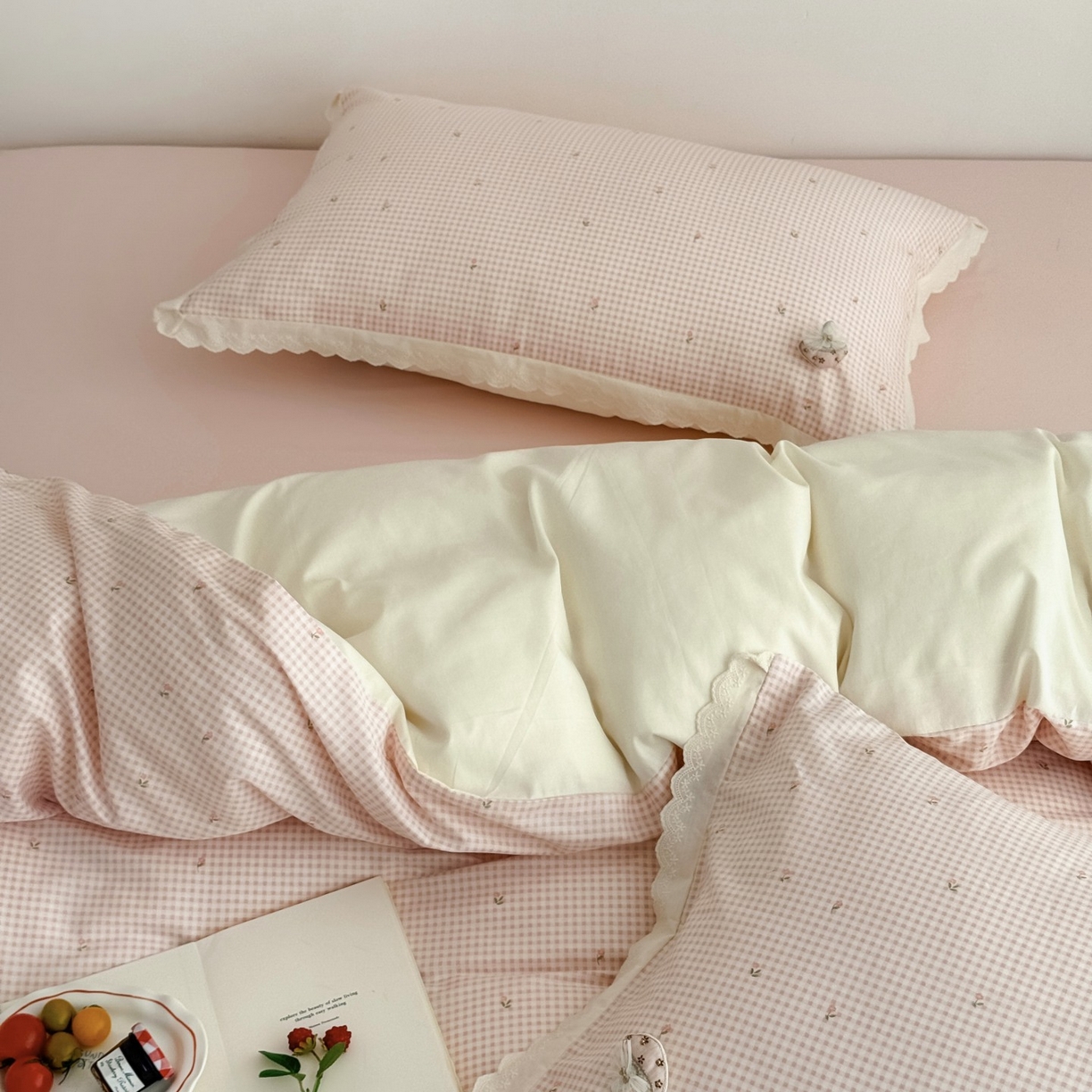91家纺网 家纺一手货源 找家纺 （总）女子家纺 2025新款全棉韩版少女心格子蕾丝花边四件套（西西庄园）