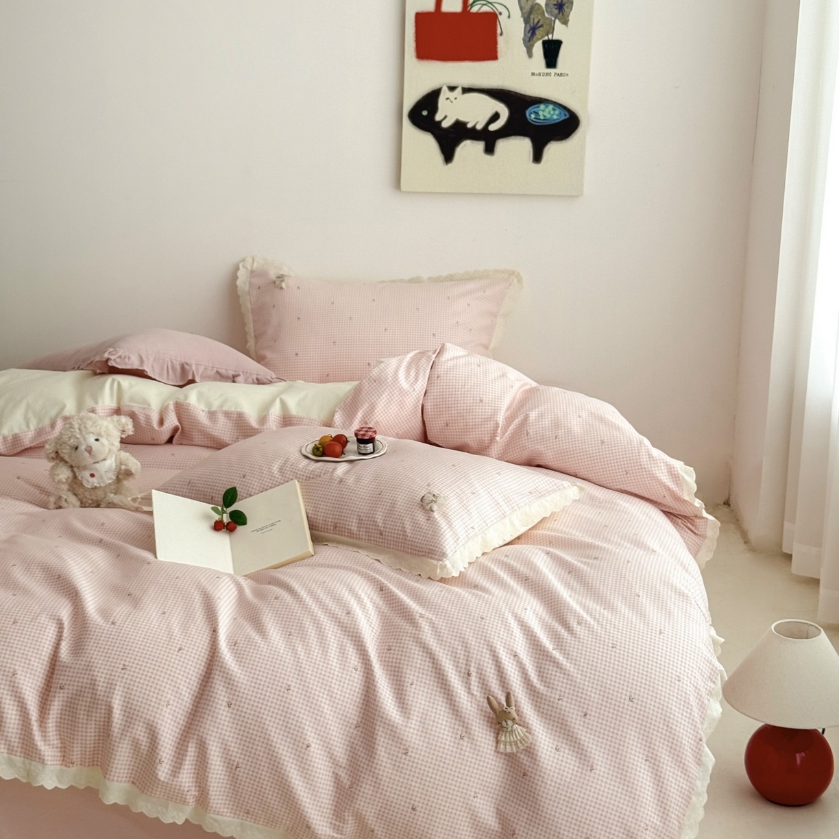 91家纺网 家纺一手货源 找家纺 （总）女子家纺 2025新款全棉韩版少女心格子蕾丝花边四件套（西西庄园）