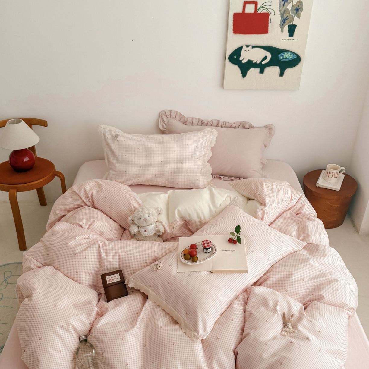 91家纺网 家纺一手货源 找家纺 （总）女子家纺 2025新款全棉韩版少女心格子蕾丝花边四件套（西西庄园）