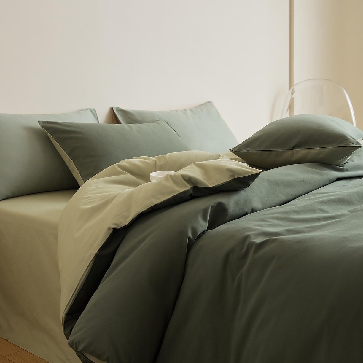 禾时 2025新款A类全棉纯棉贡缎磨毛双拼色四件套 木森