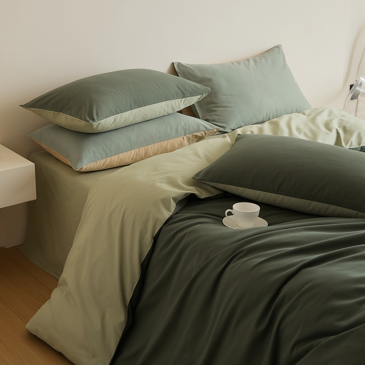 91家纺网 家纺一手货源 找家纺 禾时 2025新款A类全棉纯棉贡缎磨毛双拼色四件套 木森