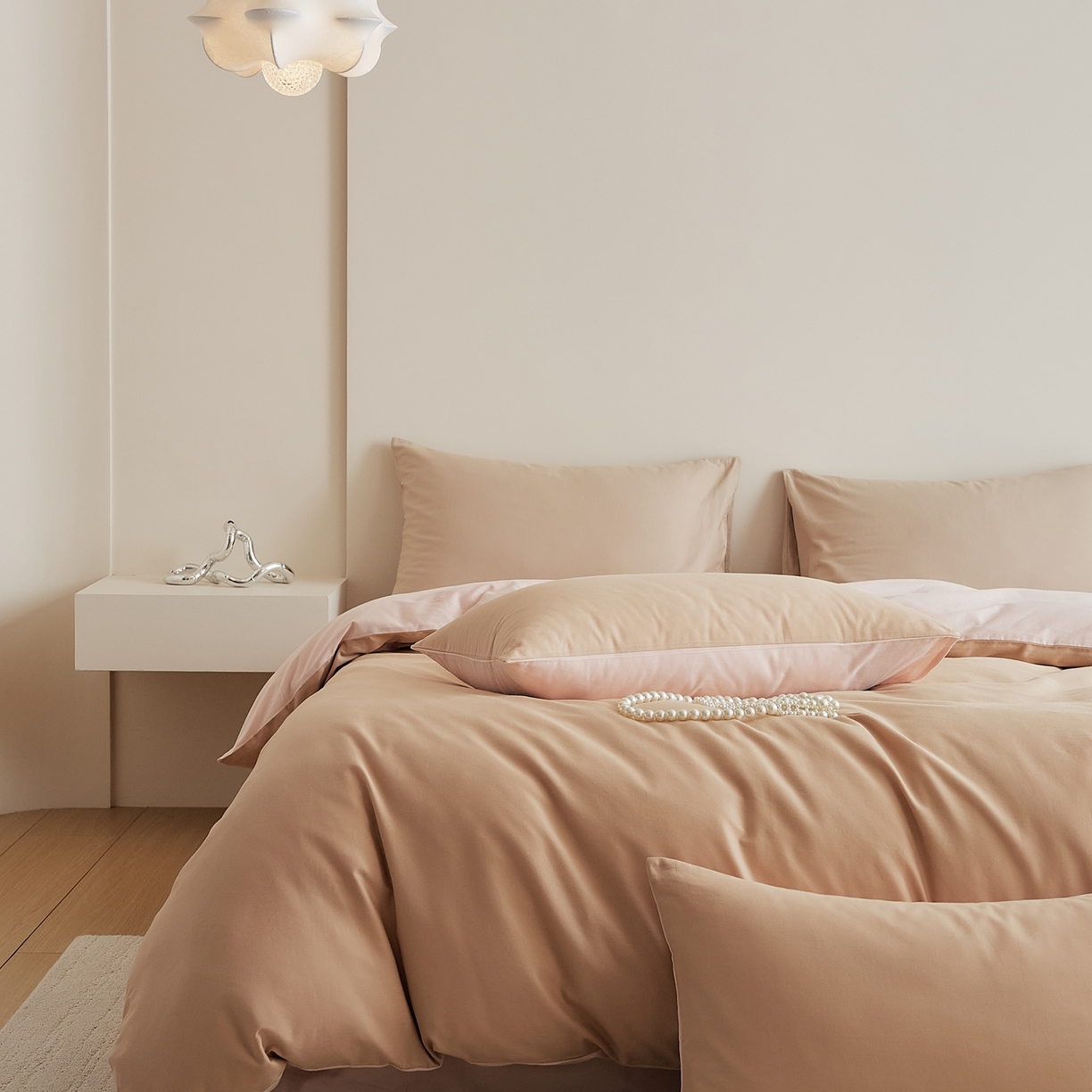 91家纺网 家纺一手货源 找家纺 禾时 2025新款A类全棉纯棉贡缎磨毛双拼色四件套 奶咖