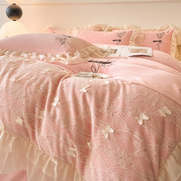 91家纺网 家纺一手货源 找家纺 ab家纺 2025新款高克重牛奶绒四件套-初恋 初恋梦幻粉