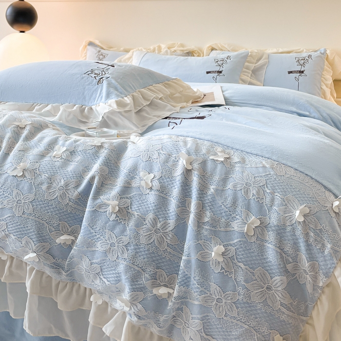 91家纺网 家纺一手货源 找家纺 ab家纺 2025新款高克重牛奶绒四件套-初恋 初恋梦幻蓝