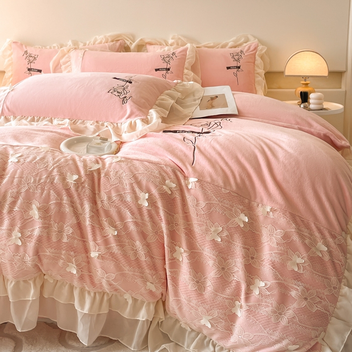 91家纺网 家纺一手货源 找家纺 ab家纺 2025新款高克重牛奶绒四件套-初恋 初恋梦幻粉