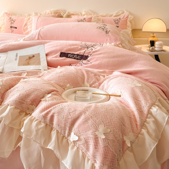 ab家纺 2025新款高克重牛奶绒四件套-初恋 初恋梦幻粉