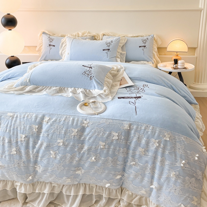 91家纺网 家纺一手货源 找家纺 ab家纺 2025新款高克重牛奶绒四件套-初恋 初恋梦幻蓝