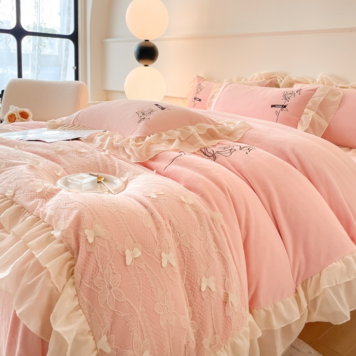 91家纺网 家纺一手货源 找家纺 ab家纺 2025新款高克重牛奶绒四件套-初恋 初恋梦幻粉