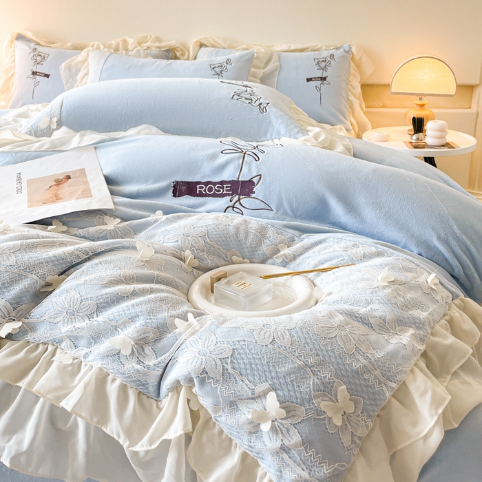 ab家纺 2025新款高克重牛奶绒四件套-初恋 初恋梦幻蓝