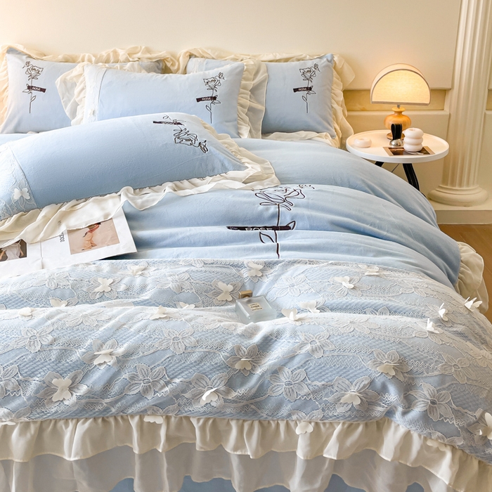 91家纺网 家纺一手货源 找家纺 ab家纺 2025新款高克重牛奶绒四件套-初恋 初恋梦幻蓝