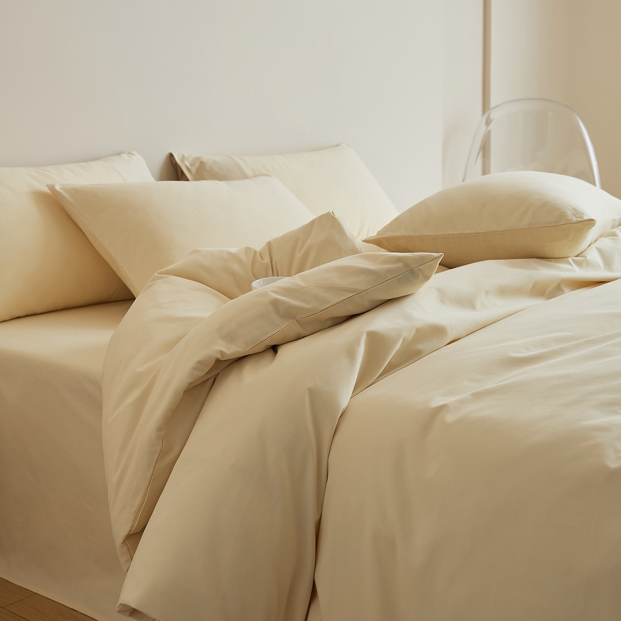 禾时 2025新款A类全棉纯棉贡缎磨毛双拼色四件套 奶昔