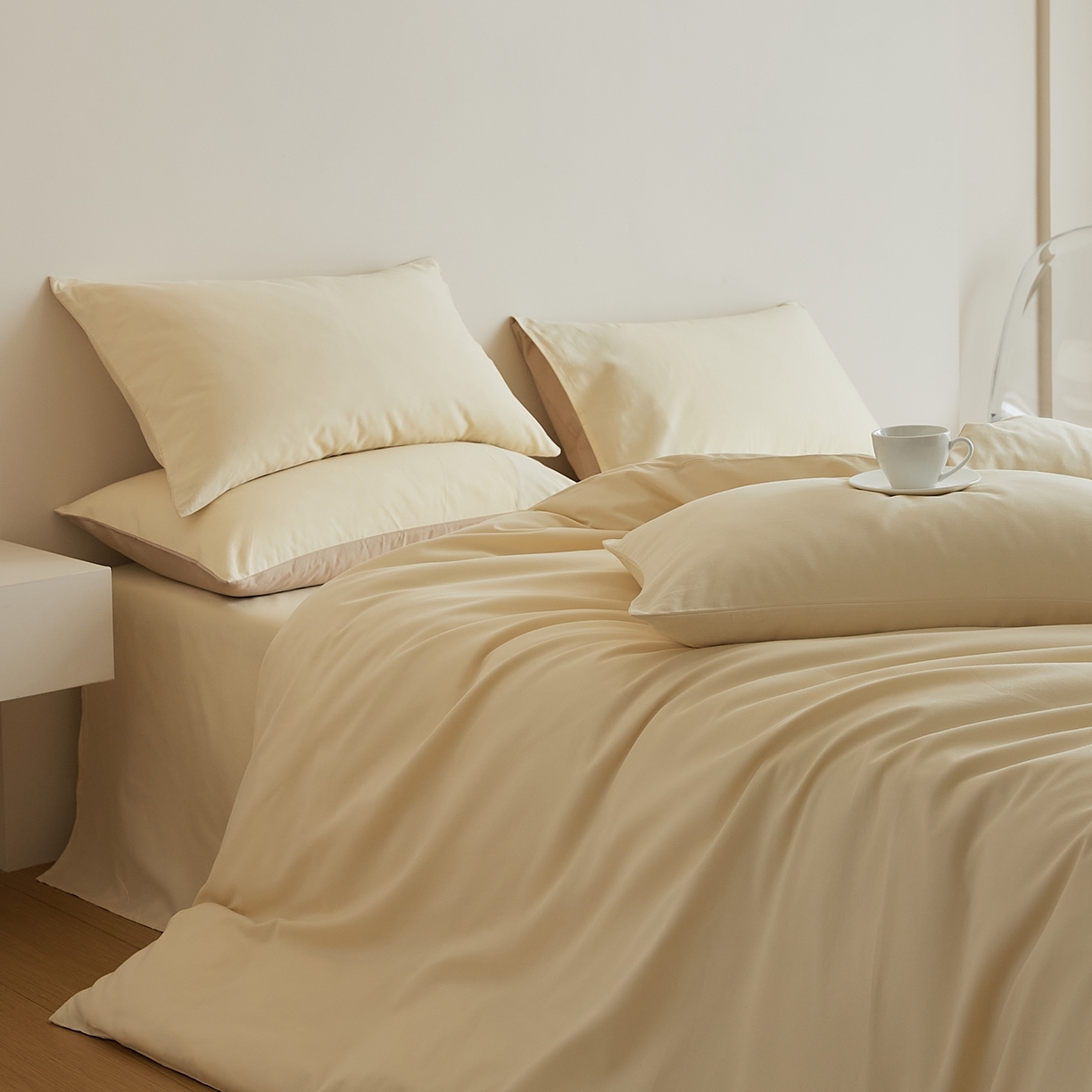 91家纺网 家纺一手货源 找家纺 禾时 2025新款A类全棉纯棉贡缎磨毛双拼色四件套 奶昔