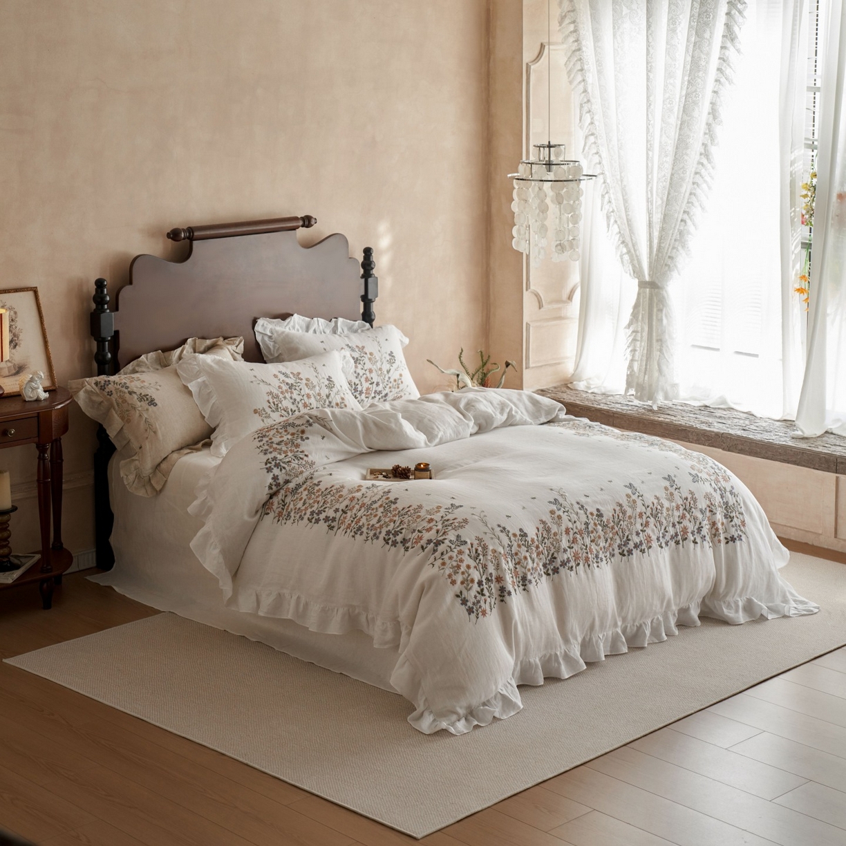 91家纺网 家纺一手货源 找家纺 安莱生活 2025新款百分百纯亚麻重工艺刺绣四件套 春华-素白