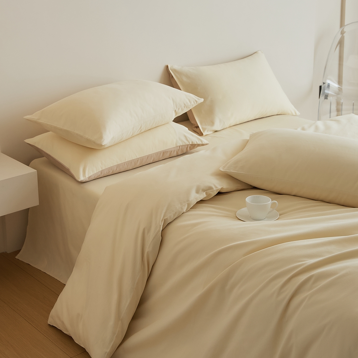 91家纺网 家纺一手货源 找家纺 禾时 2025新款A类全棉纯棉贡缎磨毛双拼色四件套 奶昔