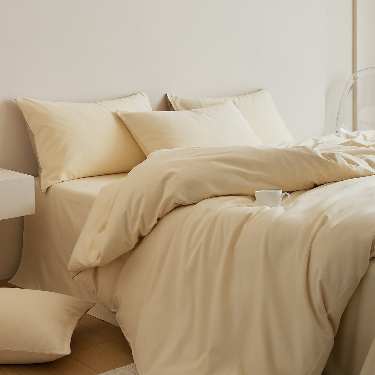 91家纺网 家纺一手货源 找家纺 禾时 2025新款A类全棉纯棉贡缎磨毛双拼色四件套 奶昔