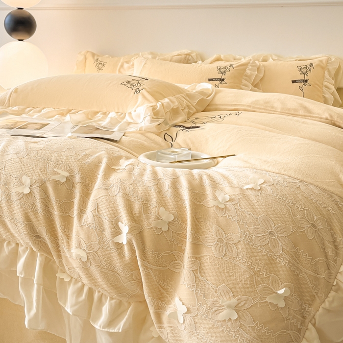 91家纺网 家纺一手货源 找家纺 ab家纺 2025新款高克重牛奶绒四件套-初恋 初恋杏黄