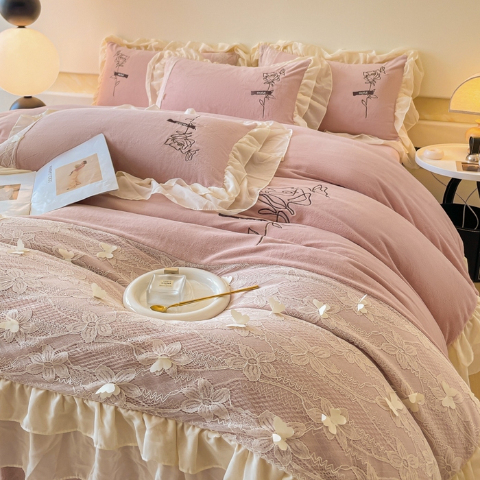 91家纺网 家纺一手货源 找家纺 ab家纺 2025新款高克重牛奶绒四件套-初恋 初恋藕粉