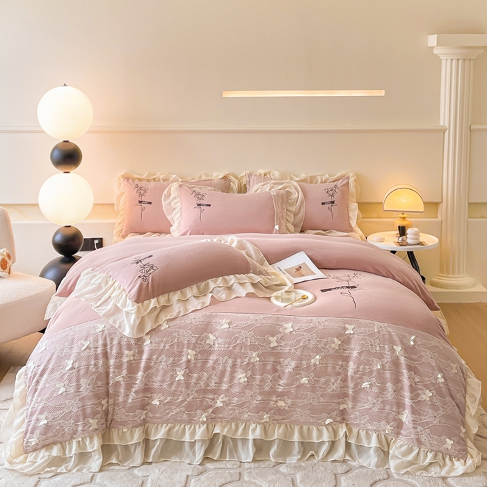 91家纺网 家纺一手货源 找家纺 ab家纺 2025新款高克重牛奶绒四件套-初恋 初恋藕粉