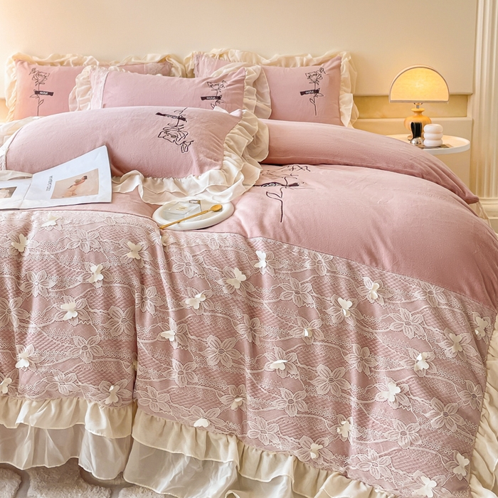 91家纺网 家纺一手货源 找家纺 ab家纺 2025新款高克重牛奶绒四件套-初恋 初恋藕粉