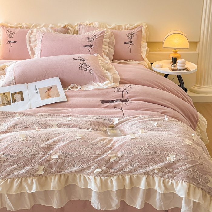 91家纺网 家纺一手货源 找家纺 ab家纺 2025新款高克重牛奶绒四件套-初恋 初恋藕粉