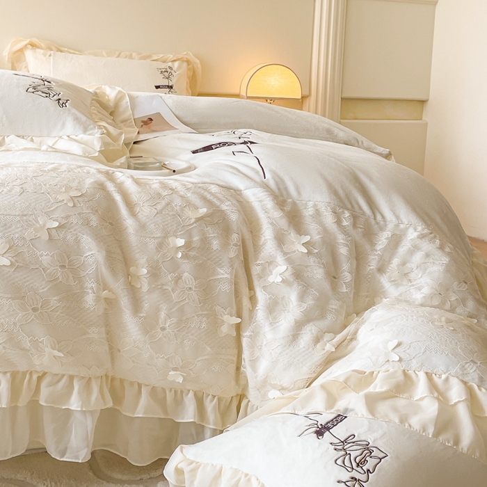 91家纺网 家纺一手货源 找家纺 ab家纺 2025新款高克重牛奶绒四件套-初恋 初恋米月白