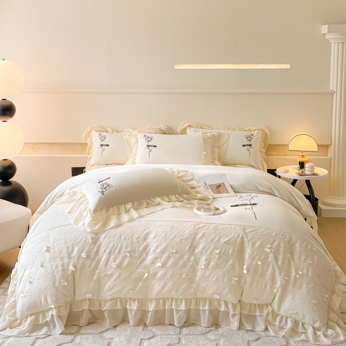 91家纺网 家纺一手货源 找家纺 ab家纺 2025新款高克重牛奶绒四件套-初恋 初恋米月白