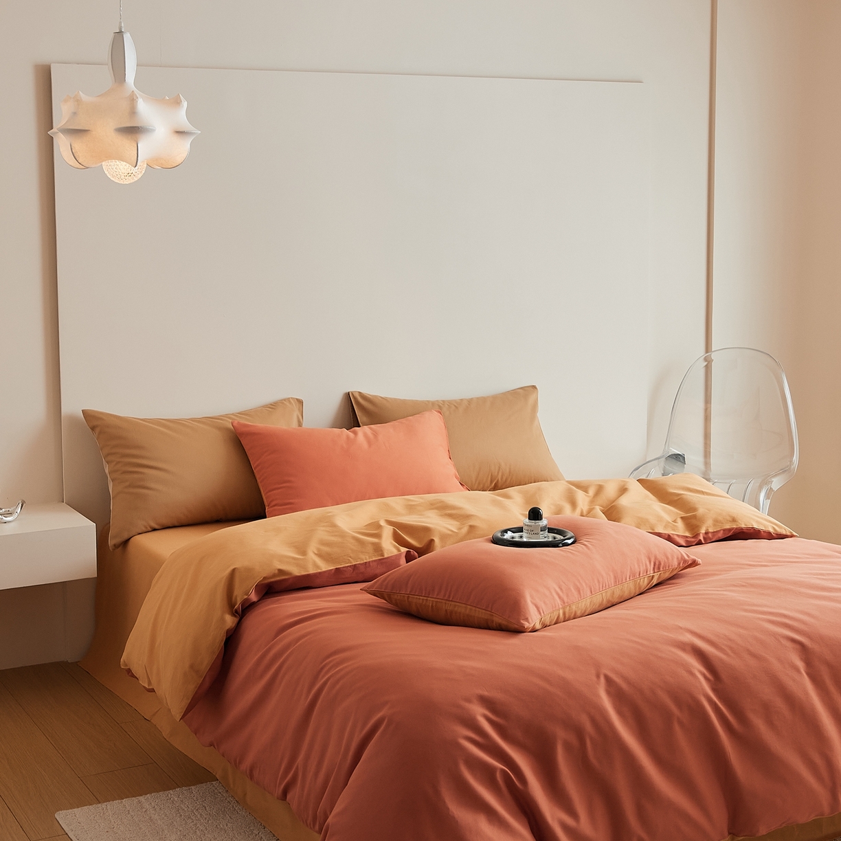 91家纺网 家纺一手货源 找家纺 禾时 2025新款A类全棉纯棉贡缎磨毛双拼色四件套 暖阳