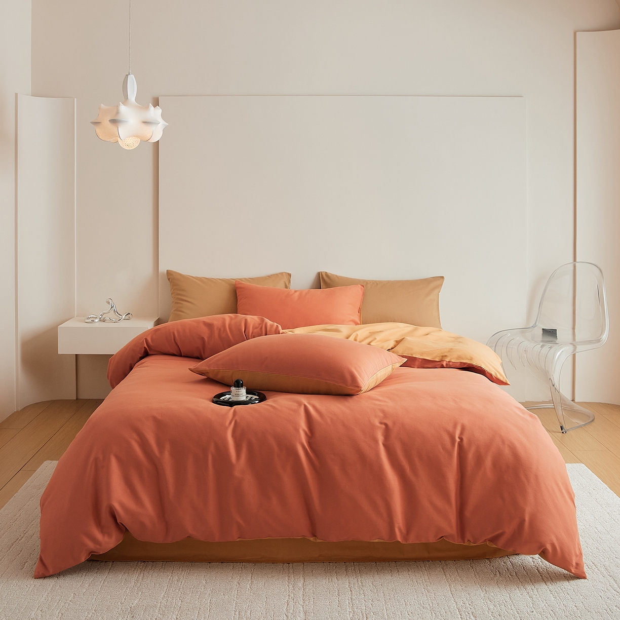 91家纺网 家纺一手货源 找家纺 禾时 2025新款A类全棉纯棉贡缎磨毛双拼色四件套 暖阳