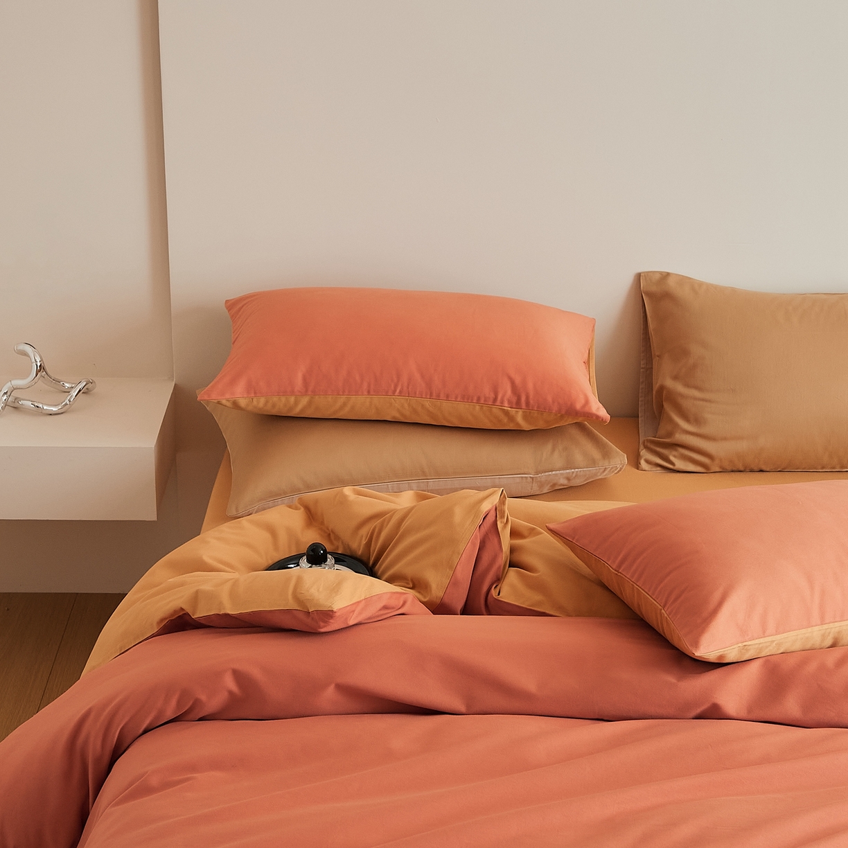 91家纺网 家纺一手货源 找家纺 禾时 2025新款A类全棉纯棉贡缎磨毛双拼色四件套 暖阳