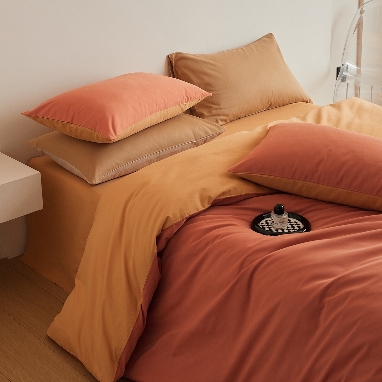 91家纺网 家纺一手货源 找家纺 禾时 2025新款A类全棉纯棉贡缎磨毛双拼色四件套 暖阳