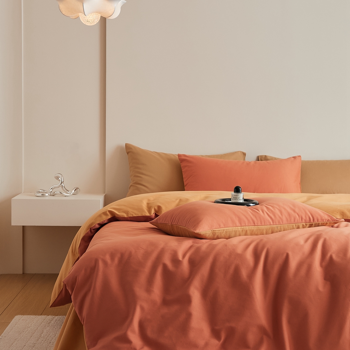 91家纺网 家纺一手货源 找家纺 禾时 2025新款A类全棉纯棉贡缎磨毛双拼色四件套 暖阳