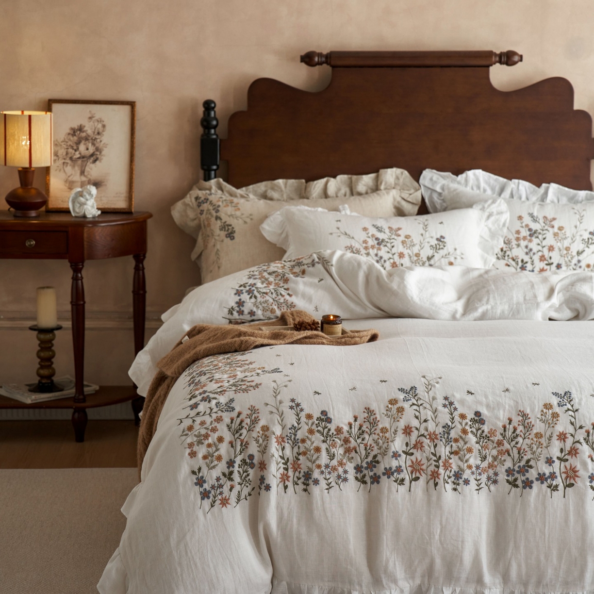 91家纺网 家纺一手货源 找家纺 安莱生活 2025新款百分百纯亚麻重工艺刺绣四件套 春华-素白