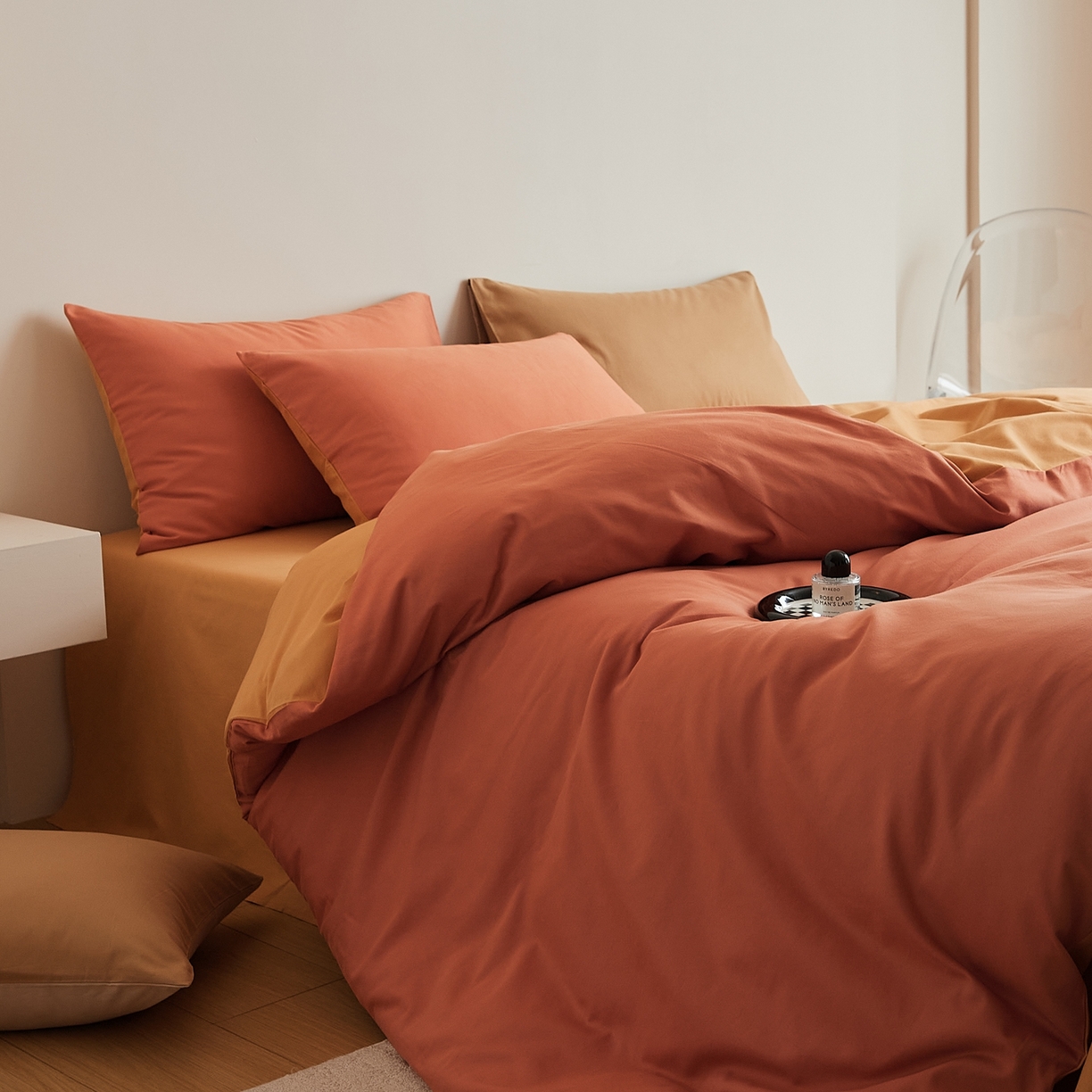 91家纺网 家纺一手货源 找家纺 禾时 2025新款A类全棉纯棉贡缎磨毛双拼色四件套 暖阳