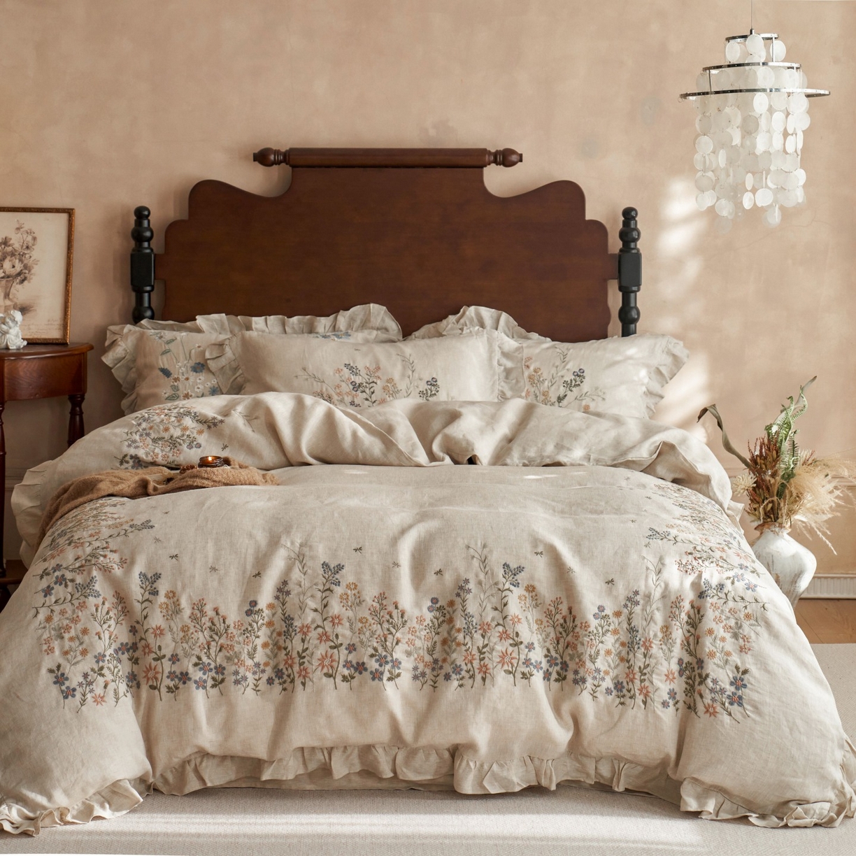 91家纺网 家纺一手货源 找家纺 安莱生活 2025新款百分百纯亚麻重工艺刺绣四件套 春华-雨露