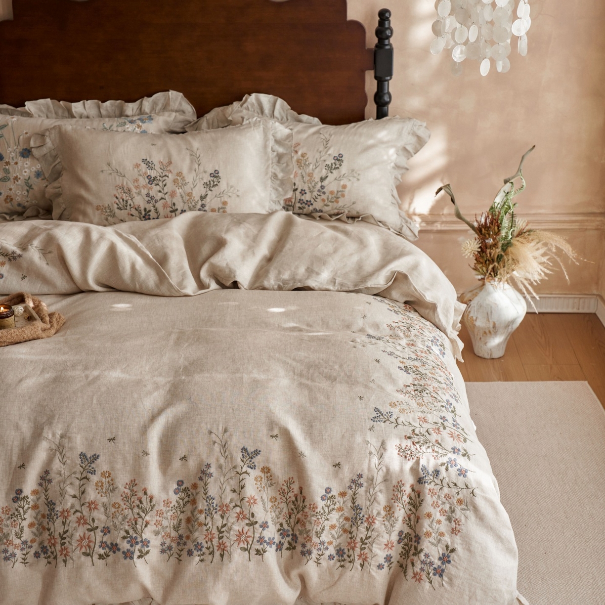 91家纺网 家纺一手货源 找家纺 安莱生活 2025新款百分百纯亚麻重工艺刺绣四件套 春华-雨露